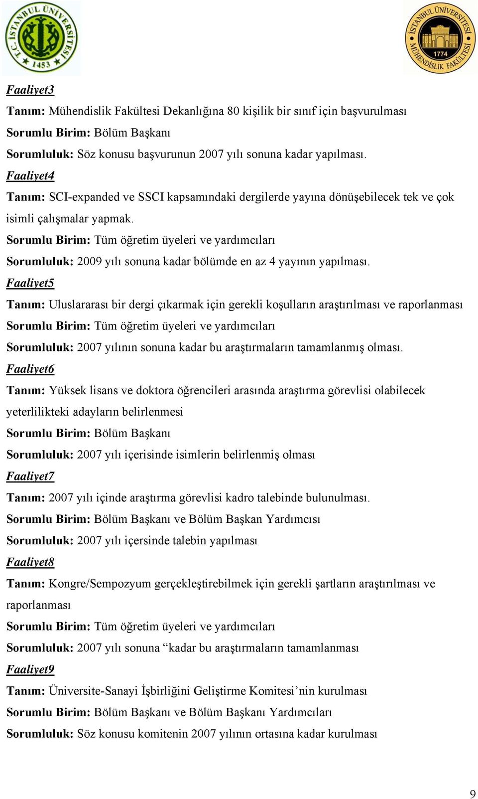 Sorumlu Birim: Tüm öğretim üyeleri ve yardımcıları Sorumluluk: 2009 yılı sonuna kadar bölümde en az 4 yayının yapılması.