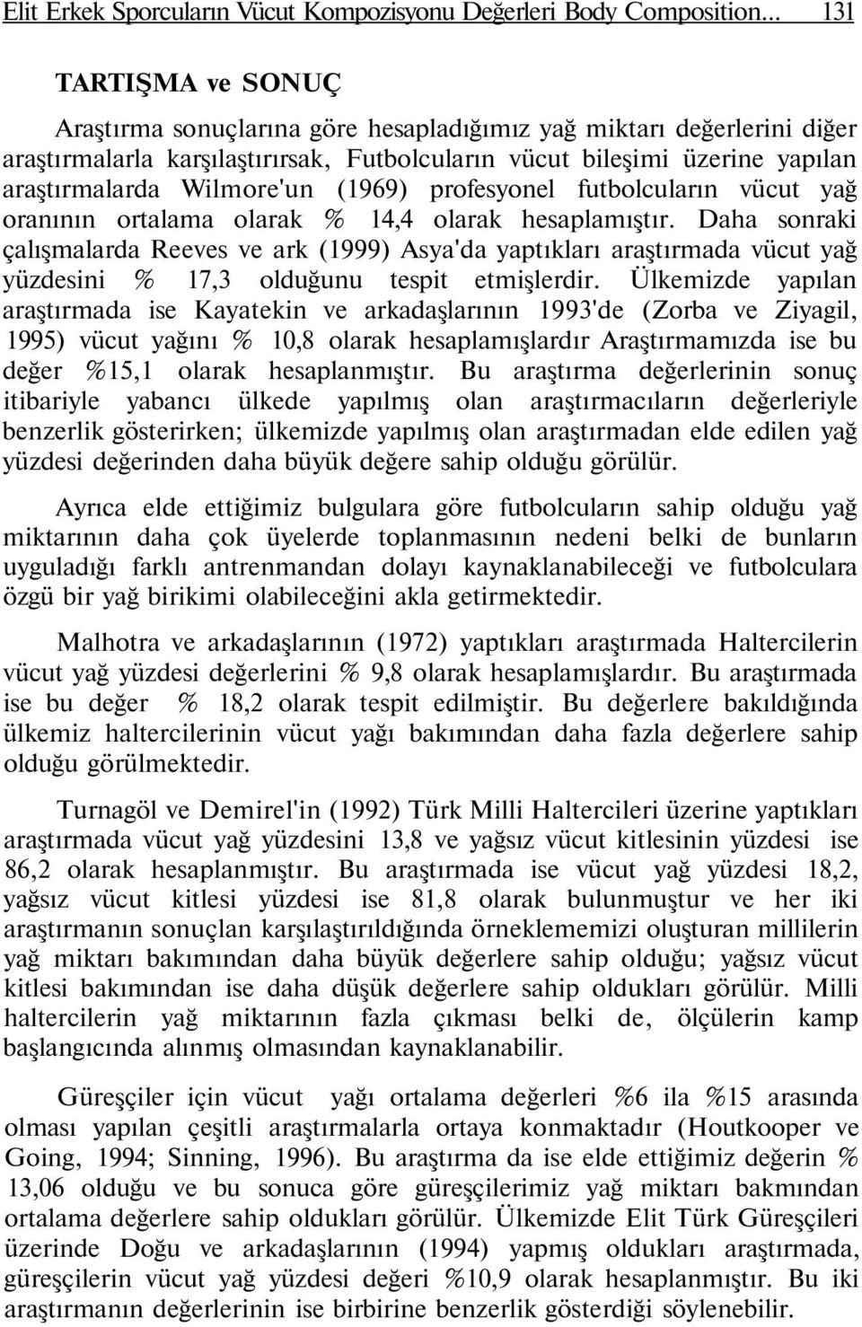 Wilmore'un (1969) profesyonel futbolcuların vücut yağ oranının ortalama olarak % 14,4 olarak hesaplamıştır.