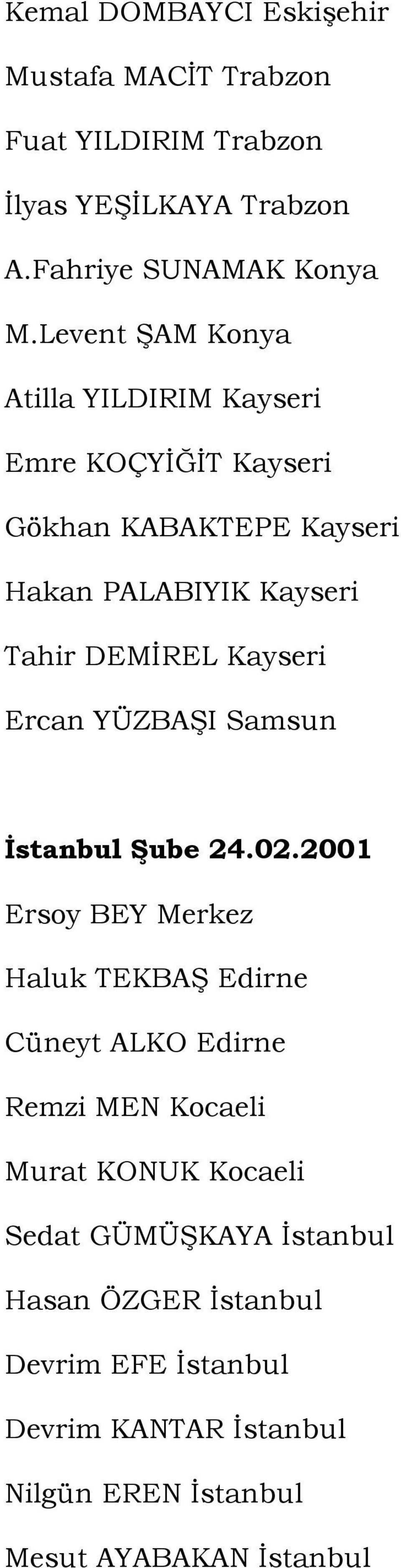 Kayseri Ercan YÜZBAŞI Samsun Đstanbul Şube 24.02.