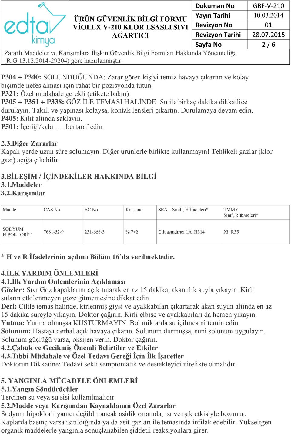 P501: İçeriği/kabı..bertaraf edin. 2.3.Diğer Zararlar Kapalı yerde uzun süre solumayın. Diğer ürünlerle birlikte kullanmayın! Tehlikeli gazlar (klor gazı) açığa çıkabilir. 3.