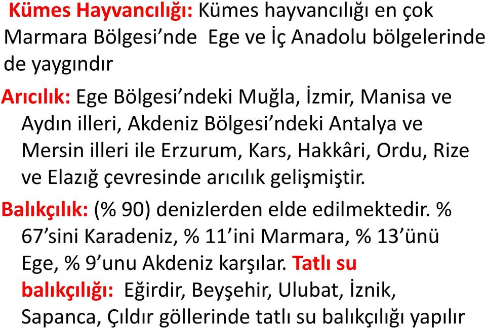 Elazığ çevresinde arıcılık gelişmiştir. Balıkçılık: (% 90) denizlerden elde edilmektedir.