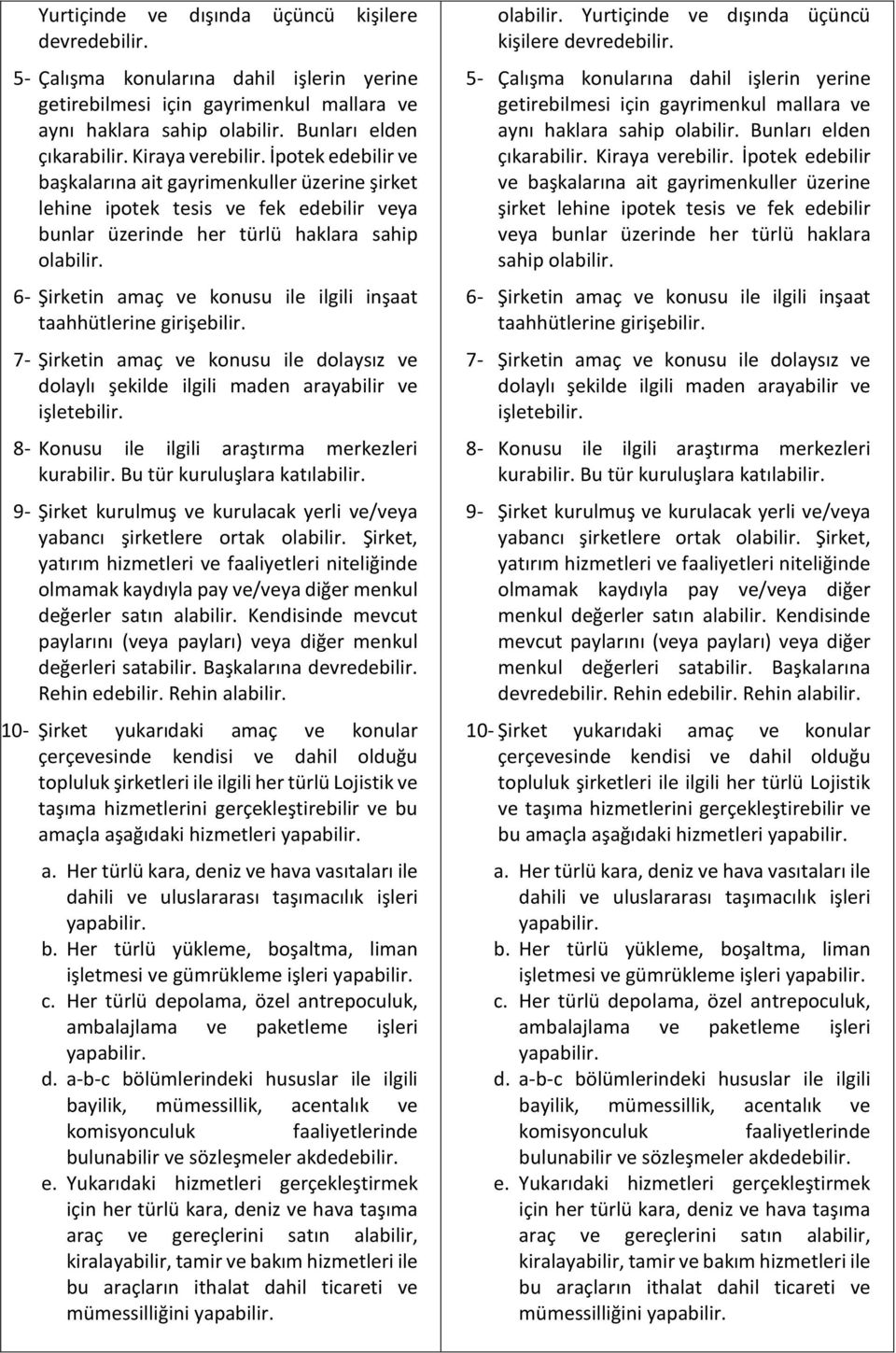 6- Şirketin amaç ve konusu ile ilgili inşaat taahhütlerine girişebilir. 7- Şirketin amaç ve konusu ile dolaysız ve dolaylı şekilde ilgili maden arayabilir ve işletebilir.