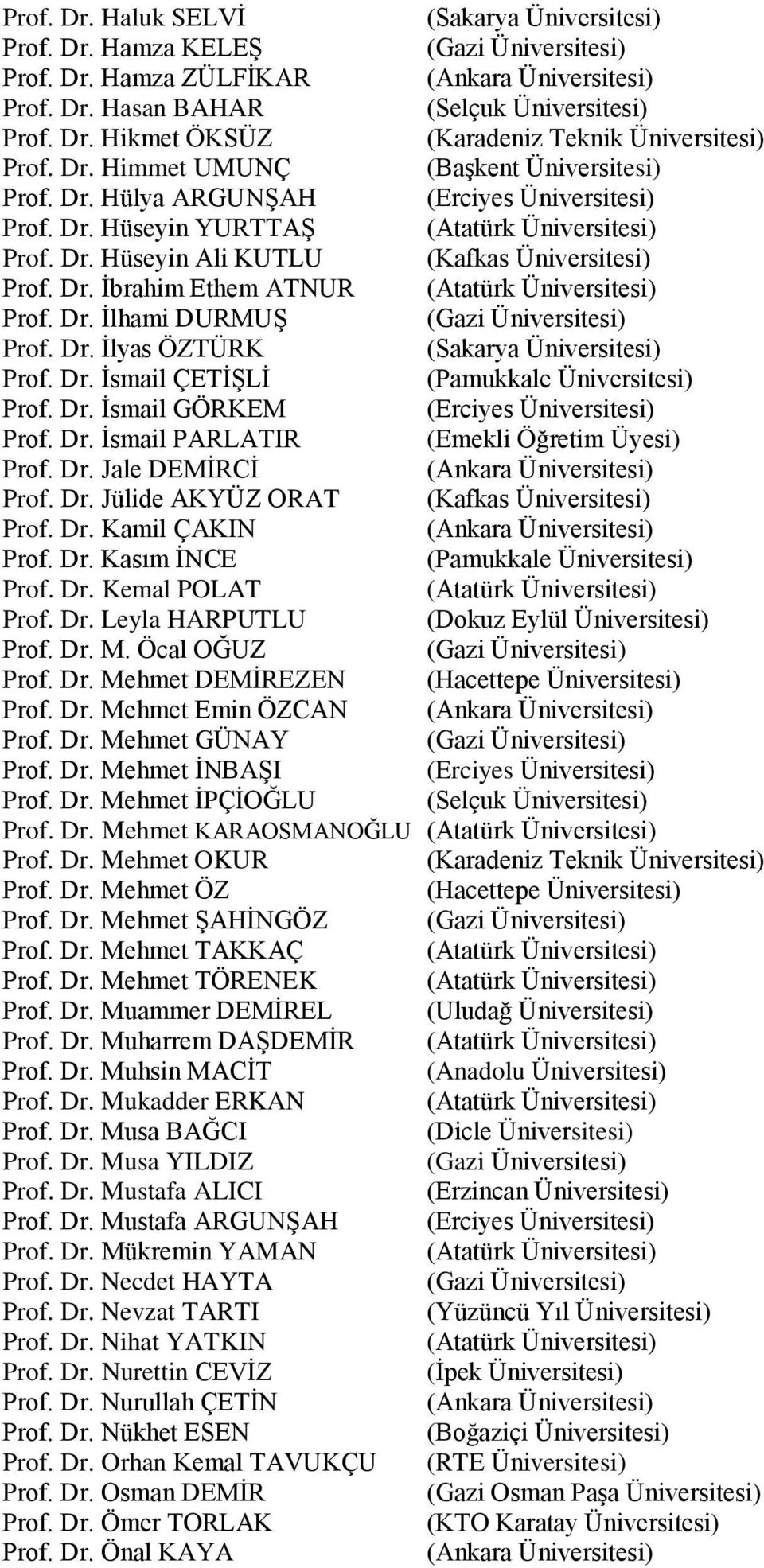 Dr. İsmail GÖRKEM (Erciyes Üniversitesi) Prof. Dr. İsmail PARLATIR (Emekli Öğretim Üyesi) Prof. Dr. Jale DEMİRCİ Prof. Dr. Jülide AKYÜZ ORAT Prof. Dr. Kamil ÇAKIN Prof. Dr. Kasım İNCE Prof. Dr. Kemal POLAT Prof.