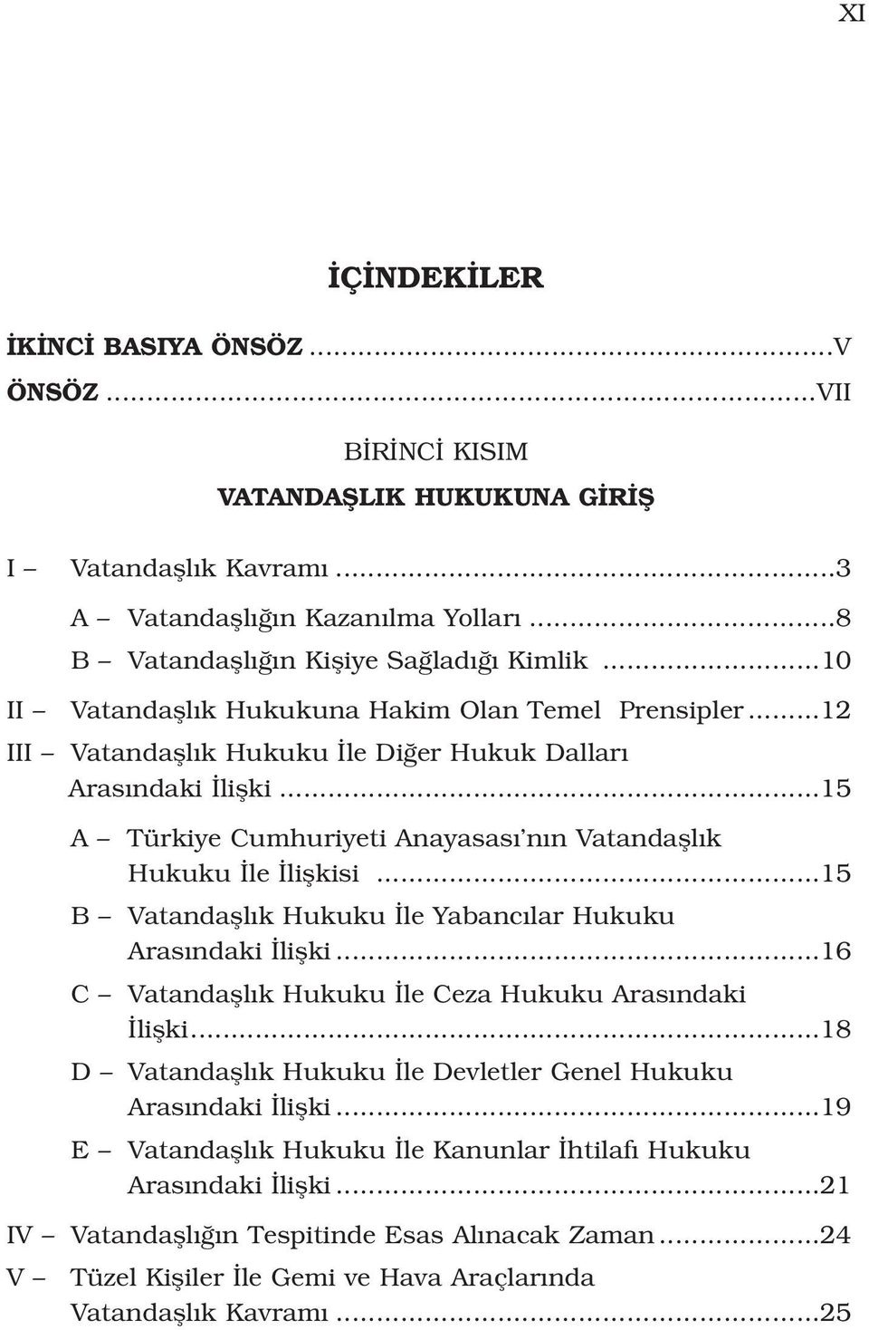 ..15 A Türkiye Cumhuriyeti Anayasas n n Vatandafll k Hukuku le liflkisi...15 B Vatandafll k Hukuku le Yabanc lar Hukuku Aras ndaki liflki...16 C Vatandafll k Hukuku le Ceza Hukuku Aras ndaki liflki.