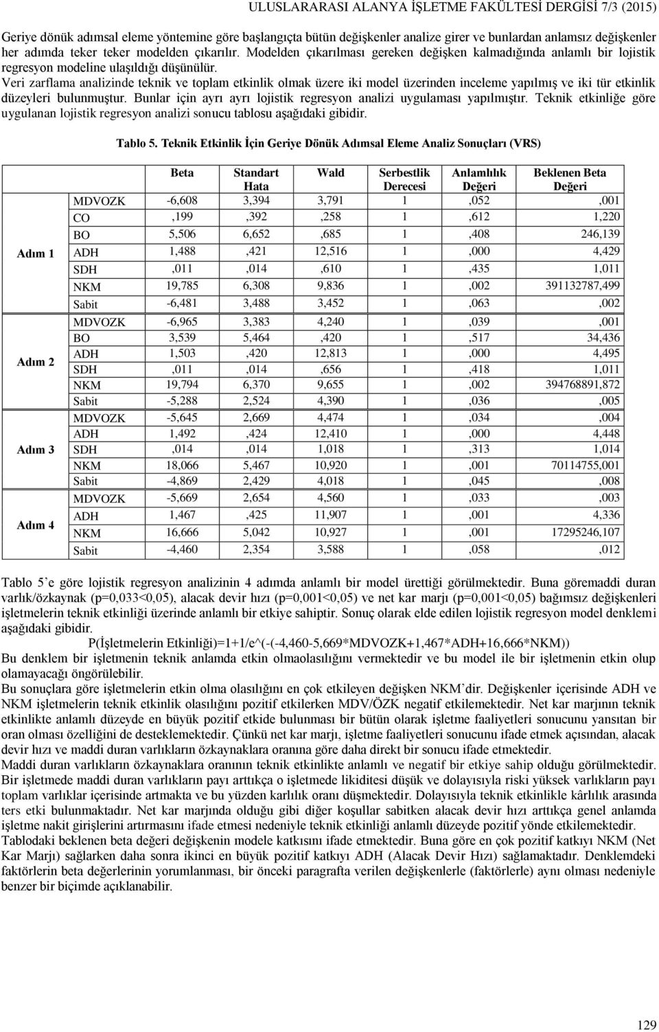 Veri zarflama analizinde teknik ve toplam etkinlik olmak üzere iki model üzerinden inceleme yapılmış ve iki tür etkinlik düzeyleri bulunmuştur.