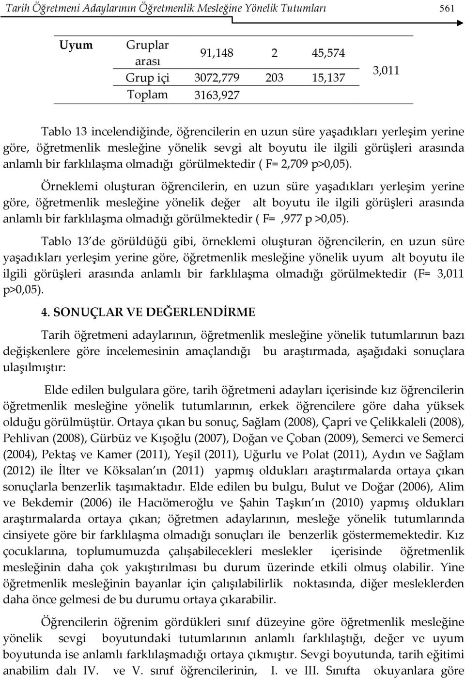 Örneklemi oluşturan öğrencilerin, en uzun süre yaşadıkları yerleşim yerine göre, öğretmenlik mesleğine yönelik değer alt boyutu ile ilgili görüşleri nda anlamlı bir farklılaşma olmadığı görülmektedir