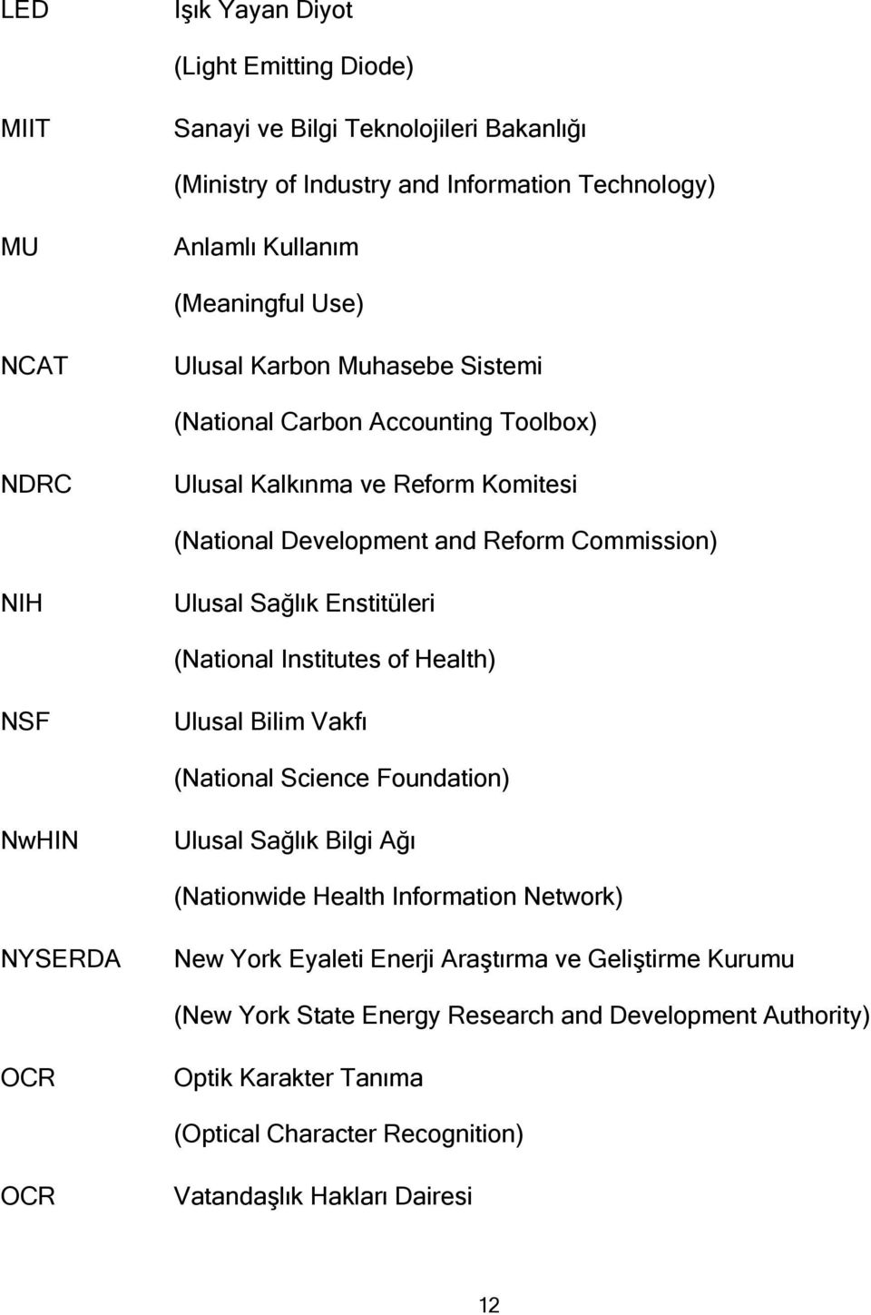 (National Institutes of Health) NSF Ulusal Bilim Vakfı (National Science Foundation) NwHIN Ulusal Sağlık Bilgi Ağı (Nationwide Health Information Network) NYSERDA New York Eyaleti