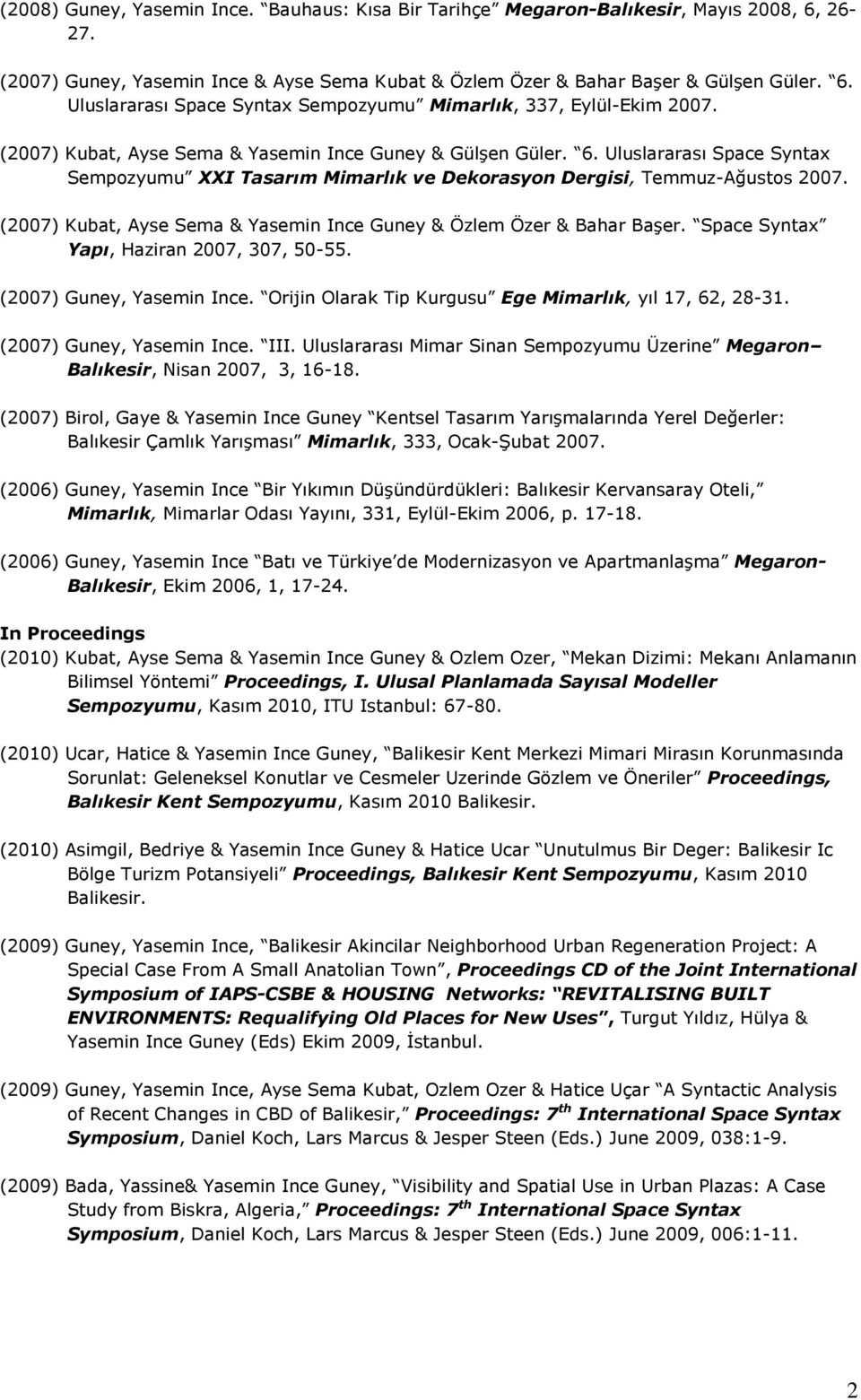 (2007) Kubat, Ayse Sema & Yasemin Ince Guney & Özlem Özer & Bahar Başer. Space Syntax Yapı, Haziran 2007, 307, 50-55. (2007) Guney, Yasemin Ince.