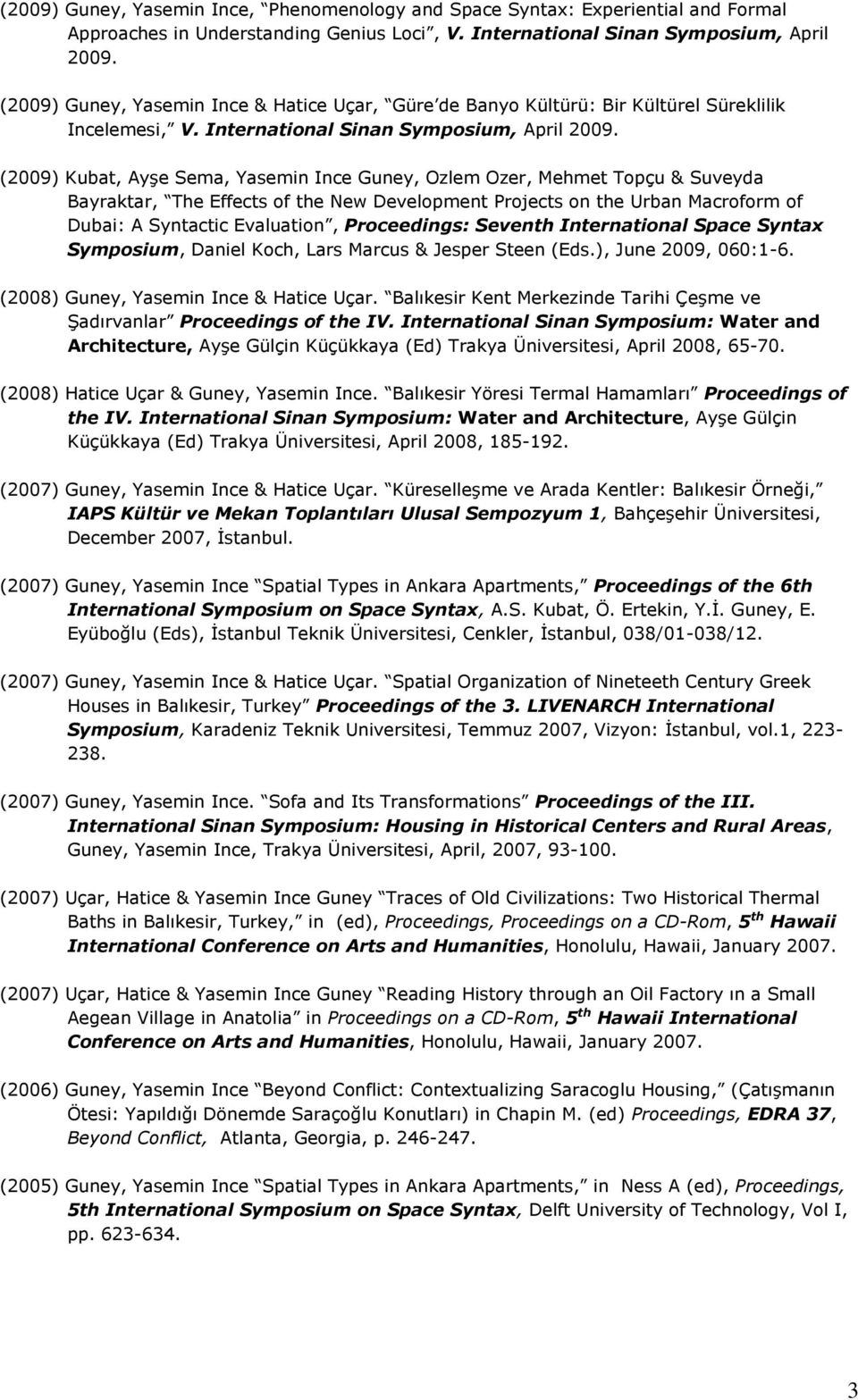 (2009) Kubat, Ayşe Sema, Yasemin Ince Guney, Ozlem Ozer, Mehmet Topçu & Suveyda Bayraktar, The Effects of the New Development Projects on the Urban Macroform of Dubai: A Syntactic Evaluation,