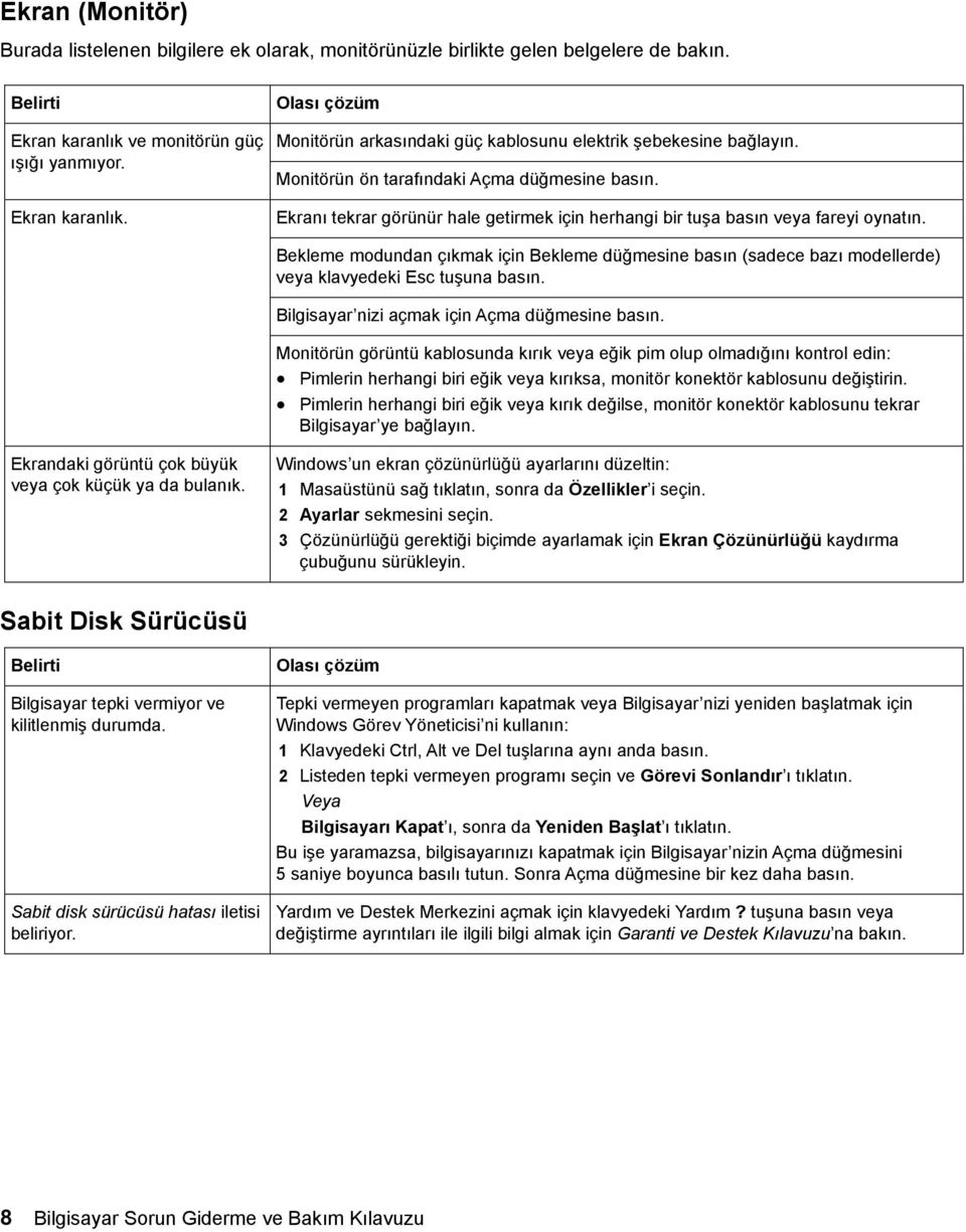 Bekleme modundan çıkmak için Bekleme düğmesine basın (sadece bazı modellerde) veya klavyedeki Esc tuşuna basın. Bilgisayar nizi açmak için Açma düğmesine basın.