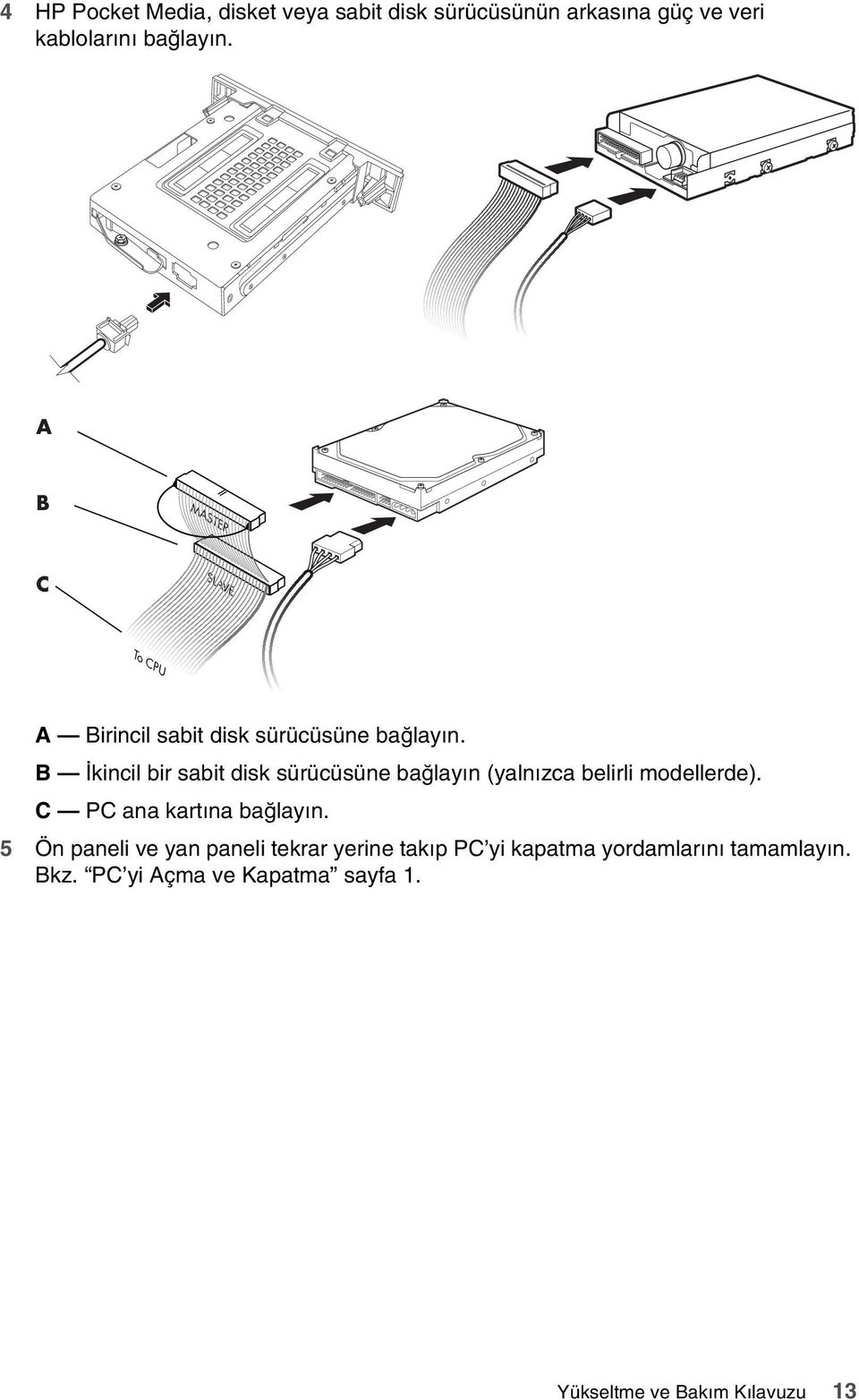 B İkincil bir sabit disk sürücüsüne bağlayın (yalnızca belirli modellerde). C PC ana kartına bağlayın.