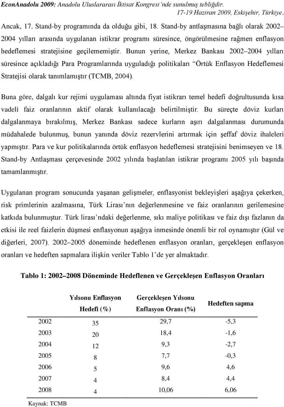 Bunun yerine, Merkez Bankası 2002 2004 yılları süresince açıkladığı Para Programlarında uyguladığı politikaları Örtük Enflasyon Hedeflemesi Stratejisi olarak tanımlamıştır (TCMB, 2004).