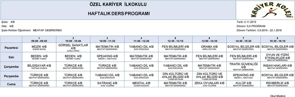 Salı BEDEN /B BEDEN /B SPEAKİNG /B MATEMATİK /B MATEMATİK /B FEN BİLİMLERİ /B FEN BİLİMLERİ /B ETKİNLİKLER /B Çarşamba BİLGİSAYAR /B TÜRKÇE /B TÜRKÇE /B YABANCI DİL /B YABANCI