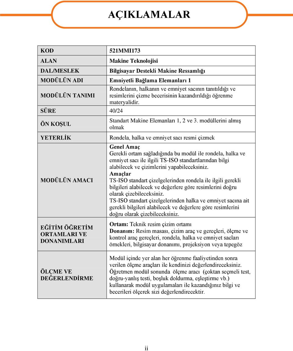 SÜRE 40/24 ÖN KOġUL YETERLĠK MODÜLÜN AMACI EĞĠTĠM ÖĞRETĠM ORTAMLARI VE DONANIMLARI ÖLÇME VE DEĞERLENDĠRME Standart Makine Elemanları 1, 2 ve 3.