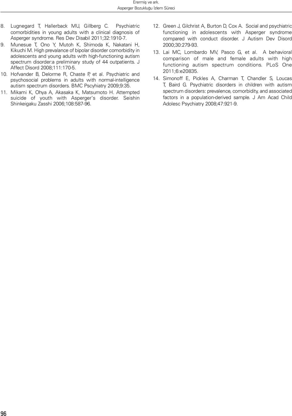 High prevalance of bipolar disorder comorbidity in adolescents and young adults with high-functioning autism spectrum disorder:a preliminary study of 44 outpatients. J Affect Disord 2008;111:170-5.