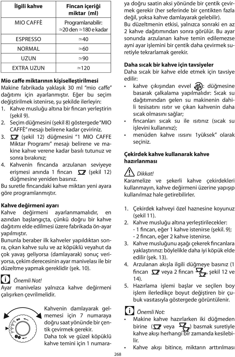 Seçim düğmesini (şekil 8) göstergede MIO CAFFÈ mesajı belirene kadar çeviriniz. 3.