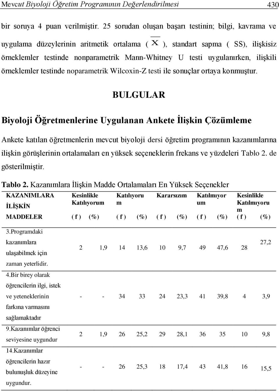 uygulanırken, ilişkili örneklemler testinde noparametrik Wilcoxin-Z testi ile sonuçlar ortaya konmuştur.