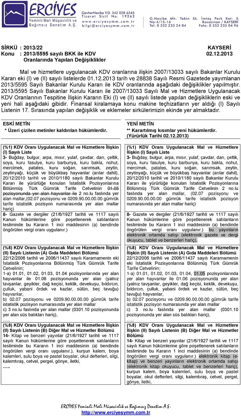 2013 tarih ve 28838 Sayılı Resmi Gazetede yayımlanan 2013/5595 Sayılı Bakanlar Kurulu Kararı ile KDV oranlarında aşağıdaki değişiklikler yapılmıştır.