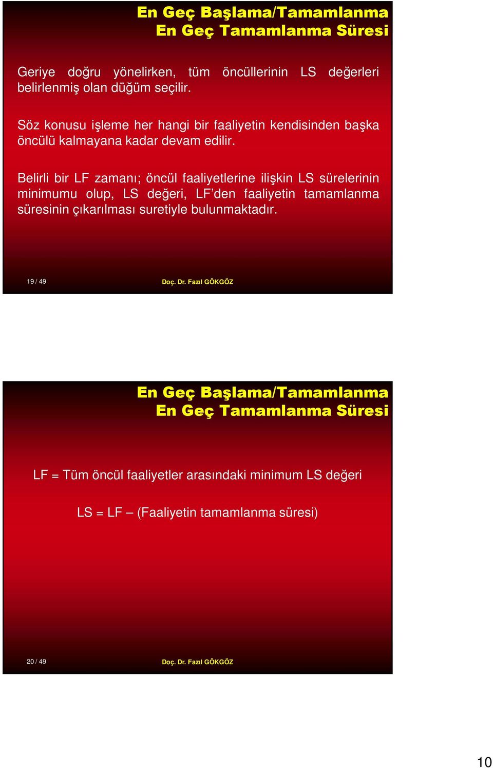 elirli bir L zamanı; öncül faaliyetlerine ilişkin LS sürelerinin minimumu olup, LS değeri, L den faaliyetin tamamlanma süresinin