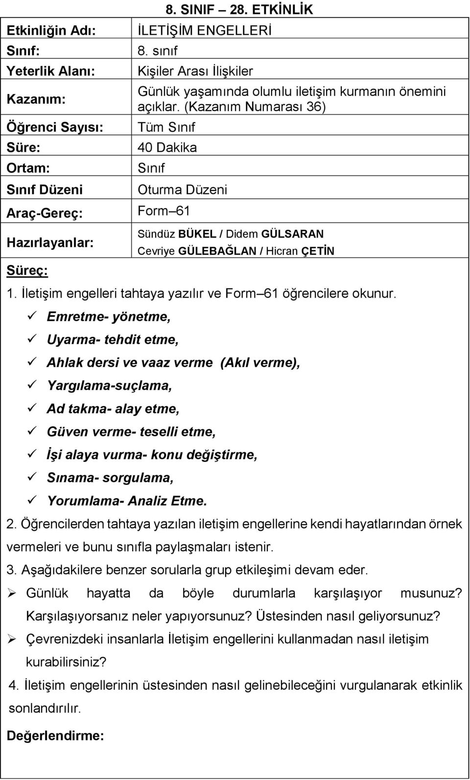 (Kazanım Numarası 36) Tüm Sınıf 40 Dakika Sınıf Form 61 Sündüz BÜKEL / Didem GÜLSARAN Cevriye GÜLEBAĞLAN / Hicran ÇETİN 1. İletişim engelleri tahtaya yazılır ve Form 61 öğrencilere okunur.