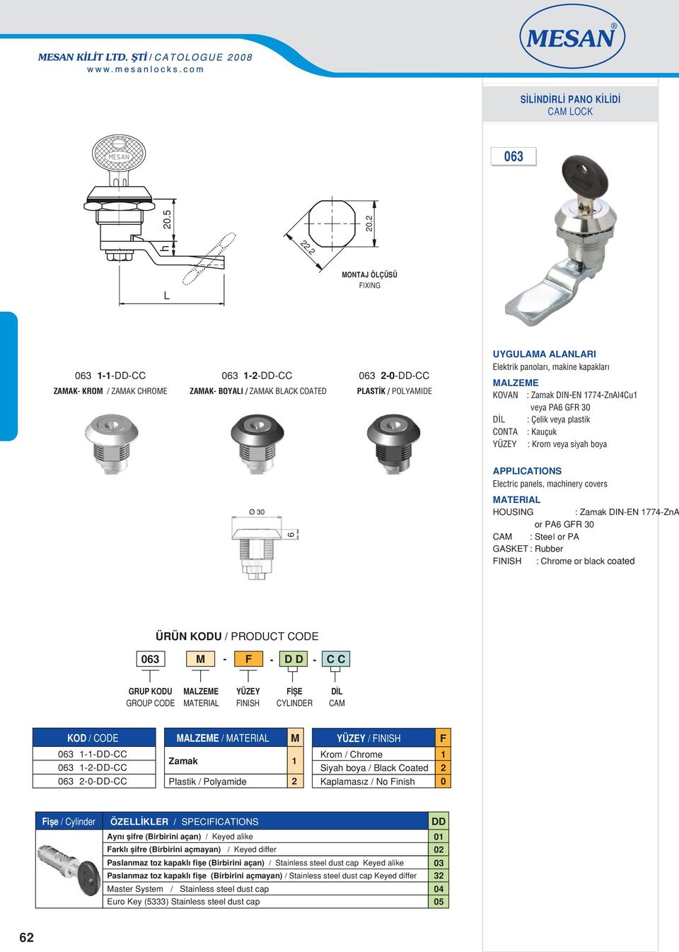 plastik CONTA : Kauçuk : Krom veya siya boya Electric panels, macinery covers Ø 3 6 HOUSING : Zamak DINEN 774ZnA or PA6 GFR 3 : Steel or PA GASKET : Rubber : Crome or black coated 63 M F DD F fie