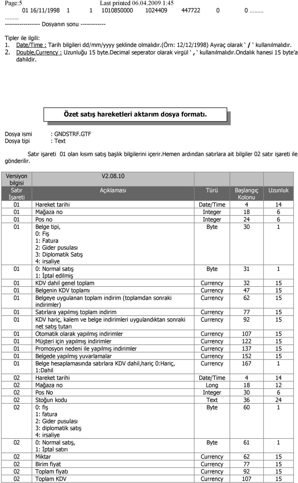 Özet satış hareketleri aktarım dosya formatı. : GNDSTRF.GTF işareti 01 olan kısım satış başlık bilgilerini içerir.hemen ardından satırlara ait bilgiler 02 satır işareti ile gönderilir. V2.08.