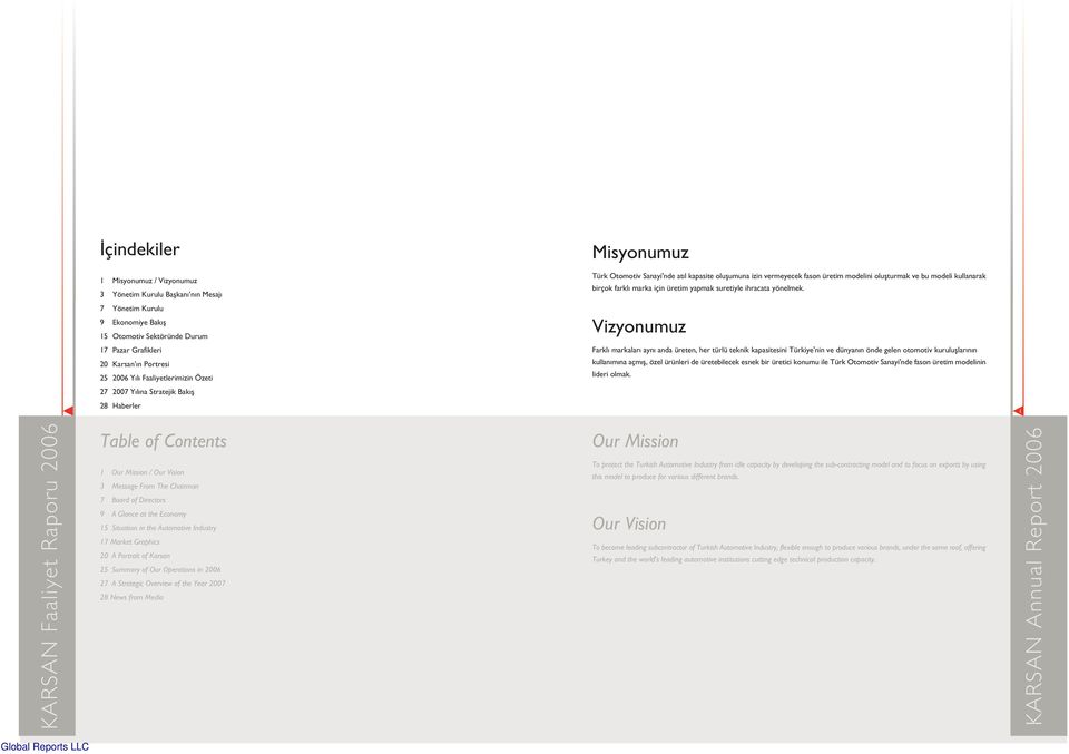 7 Yönetim Kurulu 9 Ekonomiye Bak fl 15 Otomotiv Sektöründe Durum Vizyonumuz 17 Pazar Grafikleri 20 Karsan n Portresi 25 2006 Y l Faaliyetlerimizin Özeti Farkl markalar ayn anda üreten, her türlü