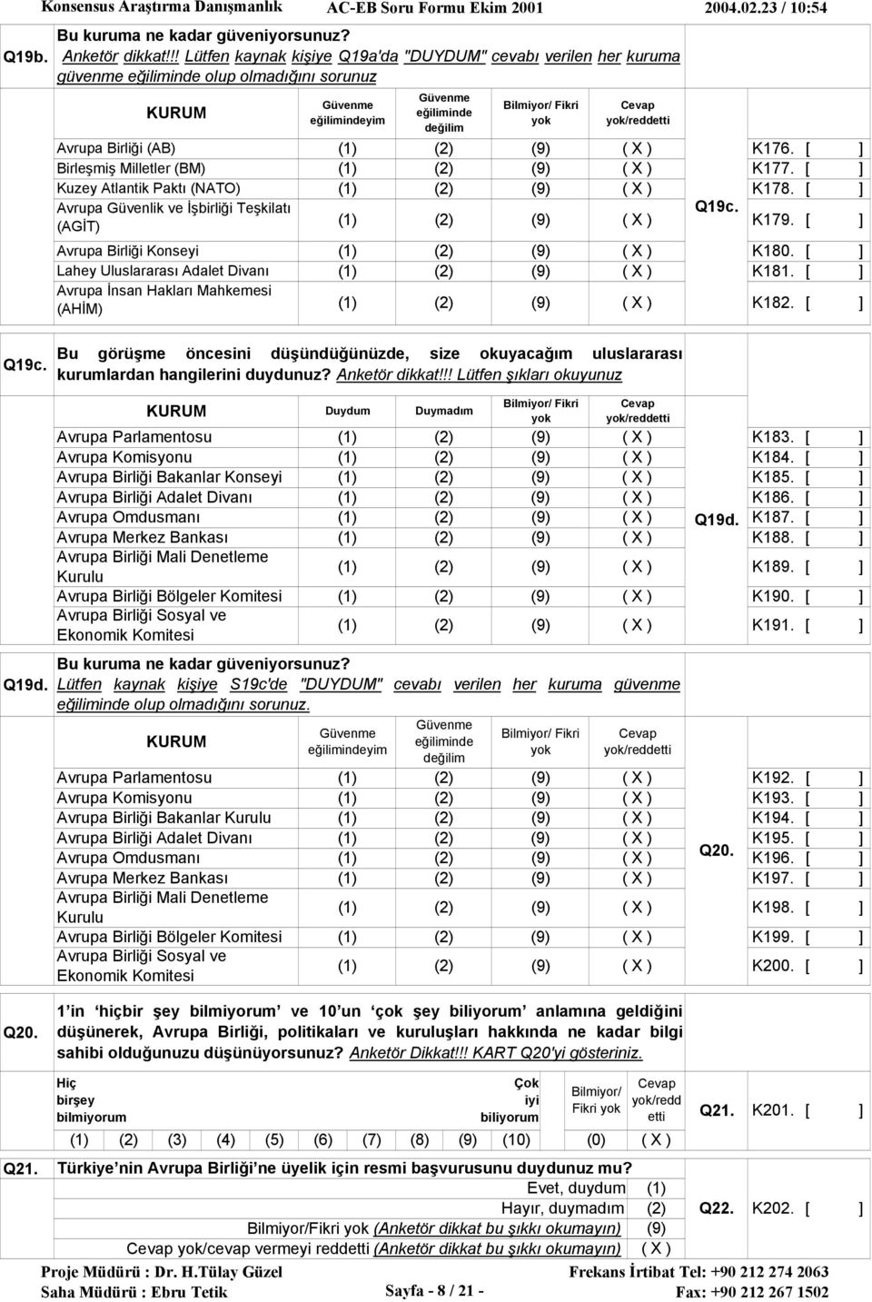 Güvenlik ve İşbirliği Teşkilatı (AGİT) Avrupa Birliği Konseyi Lahey Uluslararası Adalet Divanı Avrupa İnsan Hakları Mahkemesi (AHİM) Güvenme eğilimindeyim Güvenme eğiliminde değilim Q19c. K176. K177.