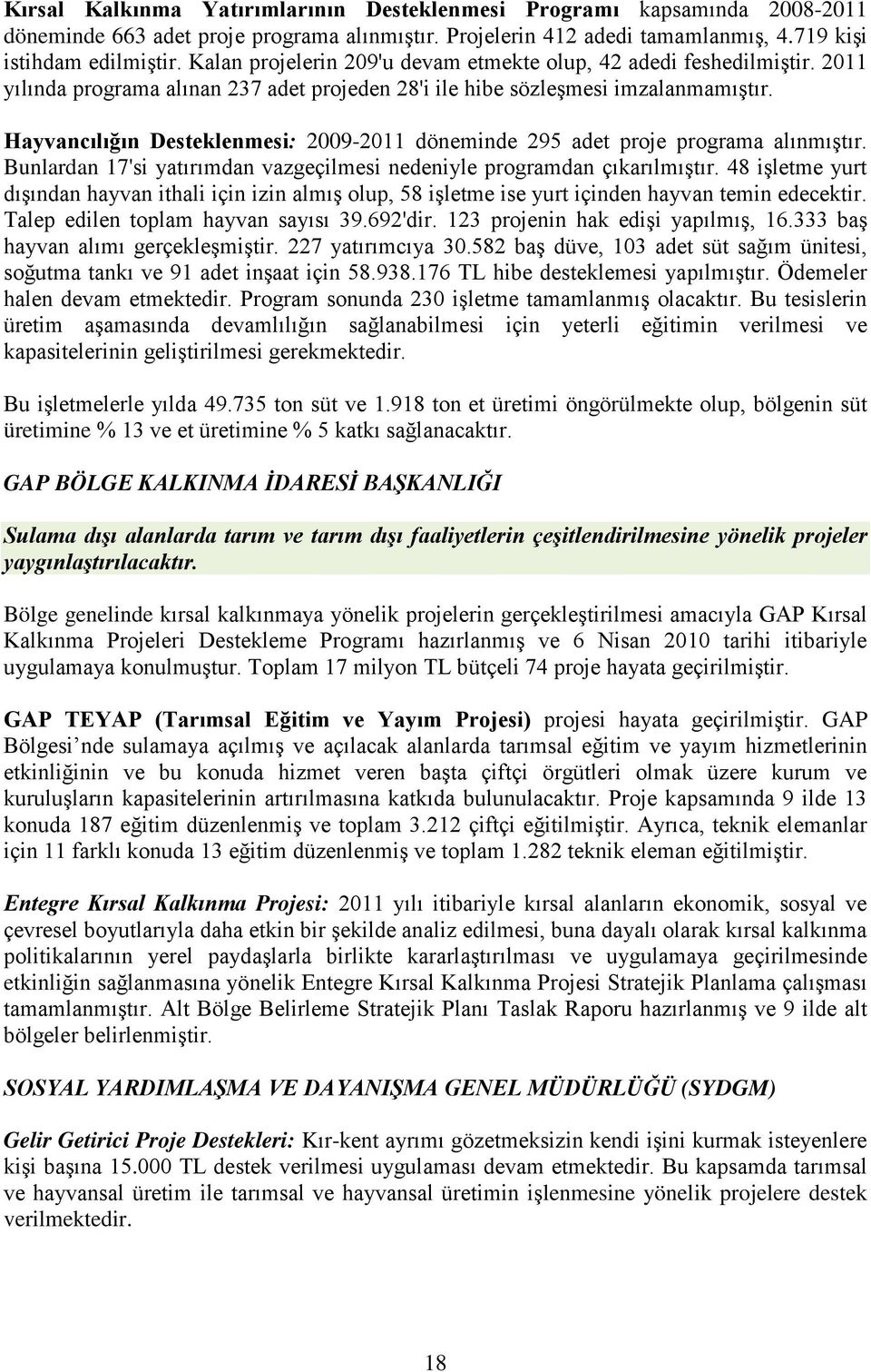 Hayvancılığın Desteklenmesi: 2009-2011 döneminde 295 adet proje programa alınmıştır. Bunlardan 17'si yatırımdan vazgeçilmesi nedeniyle programdan çıkarılmıştır.