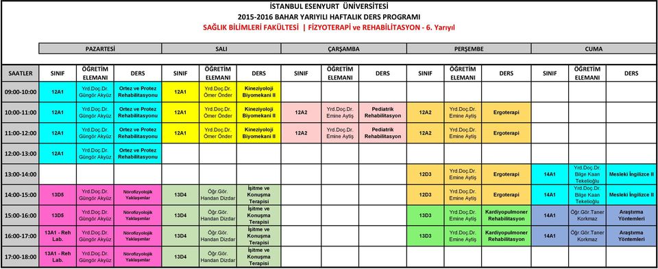 Ortez ve Protez Rehabilitasyonu Kineziyoloji Biyomekani II Pediatrik Rehabilitasyon Ergoterapi Ortez ve Protez Rehabilitasyonu 14:00-15:00 13D5 15:00-16:00 13D5 16:00-17:00 13A1 - Reh Nörofizyolojik