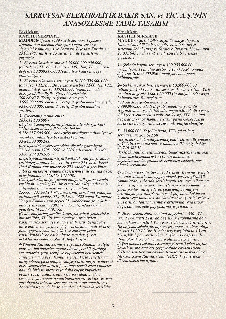 23.03.1983 tarih ve 75 say l izni ile bu sisteme geçmifltir. 1 fiirketin kay tl sermayesi 50.000.000.000.000,- (ellitrilyon) TL. olup herbiri 1.000,-(bin) TL. nominal de erde 50.000.000.000.(ellimilyar) adet hisseye bölünmüfltür.