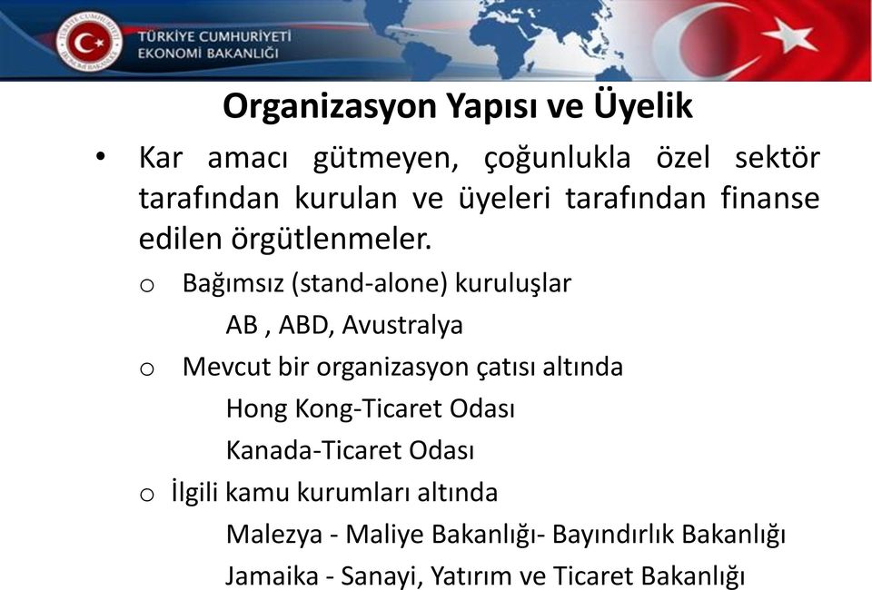 Bağımsız (stand-alne) kuruluşlar AB, ABD, Avustralya Mevcut bir rganizasyn çatısı altında Hng