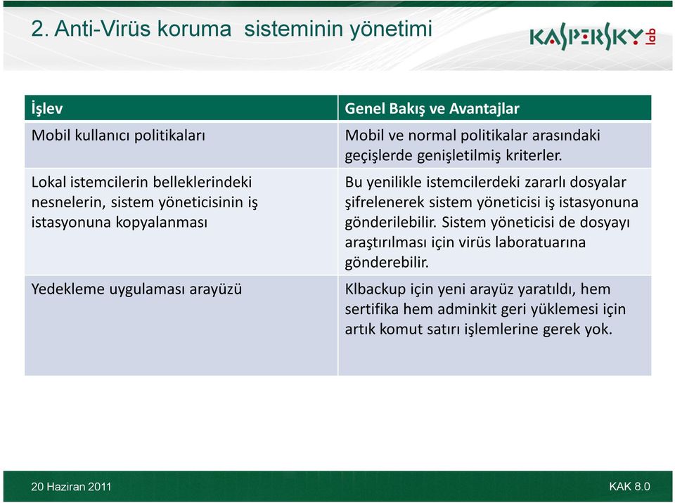 Bu yenilikle istemcilerdeki zararlı dosyalar şifrelenerek sistem yöneticisi iş istasyonuna gönderilebilir.