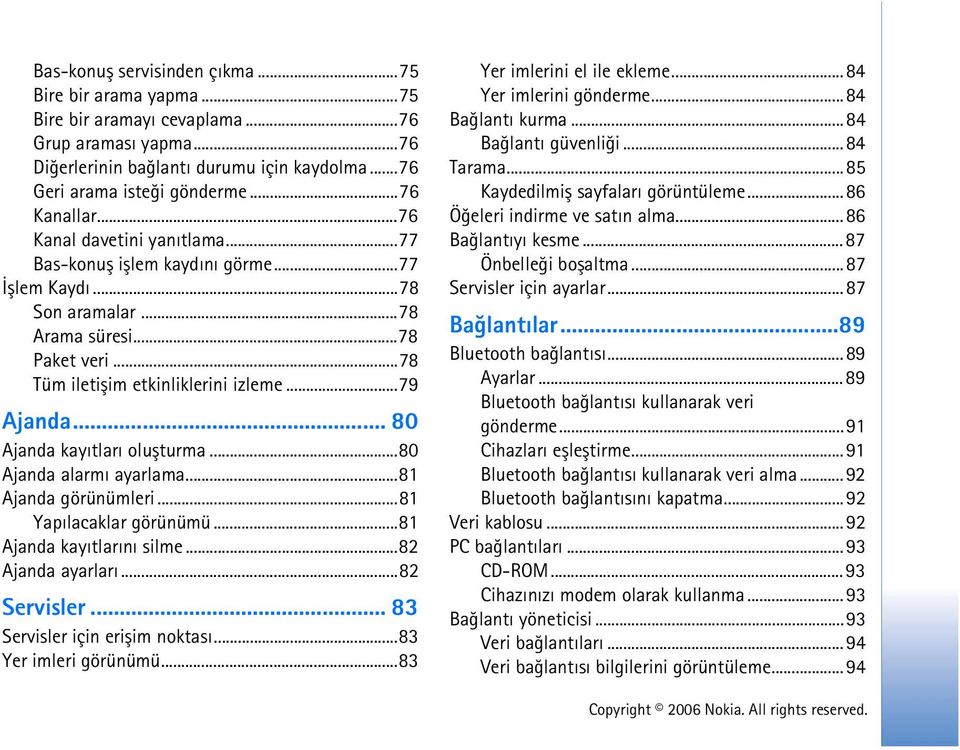 .. 80 Ajanda kayýtlarý oluþturma...80 Ajanda alarmý ayarlama...81 Ajanda görünümleri...81 Yapýlacaklar görünümü...81 Ajanda kayýtlarýný silme...82 Ajanda ayarlarý...82 Servisler.