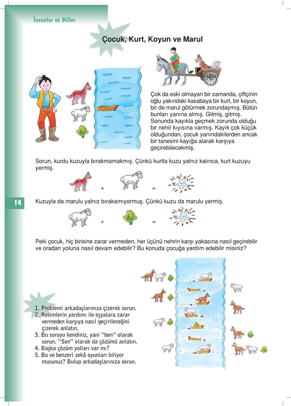 Sorun, kurdu kuzuyla b rakmamakm fl. Çünkü kurtla kuzu yaln z kal nca, kurt kuzuyu yermifl. + = 14 Kuzuyla da marulu yaln z b rakam yormufl. Çünkü kuzu da marulu yermifl.