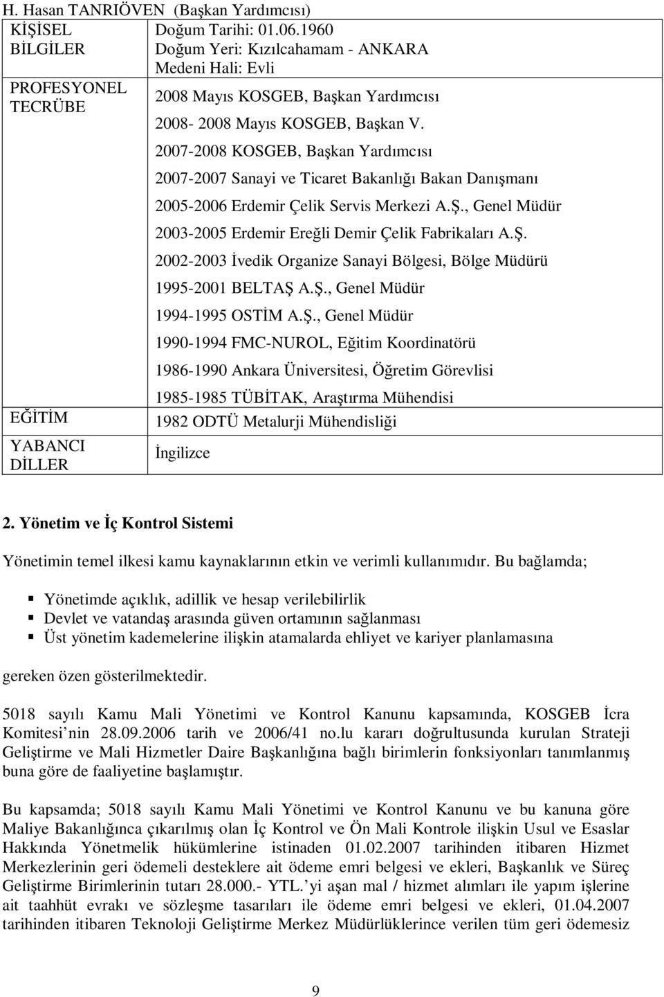 007-008, Başkan Yardımcısı 007-007 Sanayi ve Ticaret Bakanlığı Bakan Danışmanı 00-006 Erdemir Çelik Servis Merkezi A.Ş., Genel Müdür 00-00 Erdemir Ereğli Demir Çelik Fabrikaları A.Ş. 00-00 İvedik Organize Sanayi Bölgesi, Bölge Müdürü 199-001 BELTAŞ A.