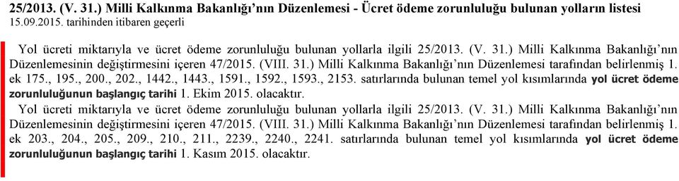 31.) Milli Kalkınma Bakanlığı nın Düzenlemesi tarafından belirlenmiş 1. ek 175., 195., 200., 202., 1442., 1443., 1591., 1592., 1593., 2153.