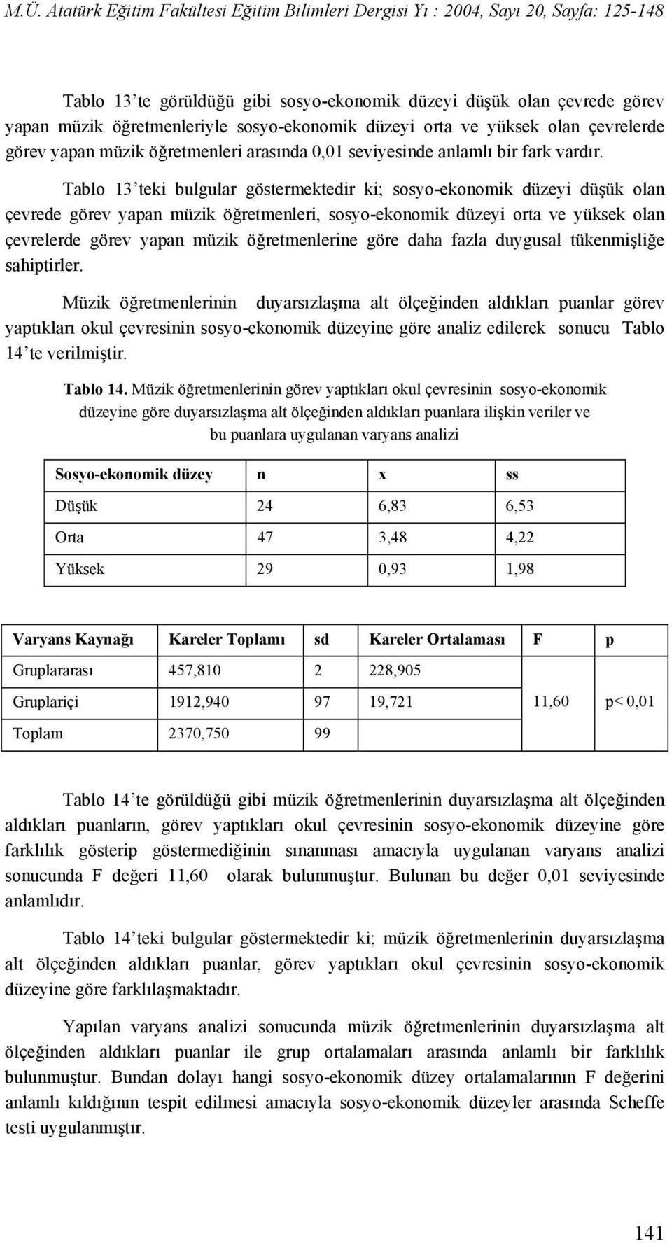 Tablo 13 teki bulgular göstermektedir ki; sosyo-ekonomik düzeyi düşük olan çevrede görev yapan müzik öğretmenleri, sosyo-ekonomik düzeyi orta ve yüksek olan çevrelerde görev yapan müzik