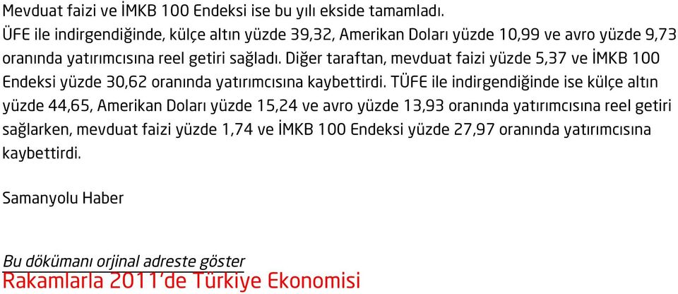 Diğer taraftan, mevduat faizi yüzde 5,37 ve İMKB 100 Endeksi yüzde 30,62 oranında yatırımcısına kaybettirdi.