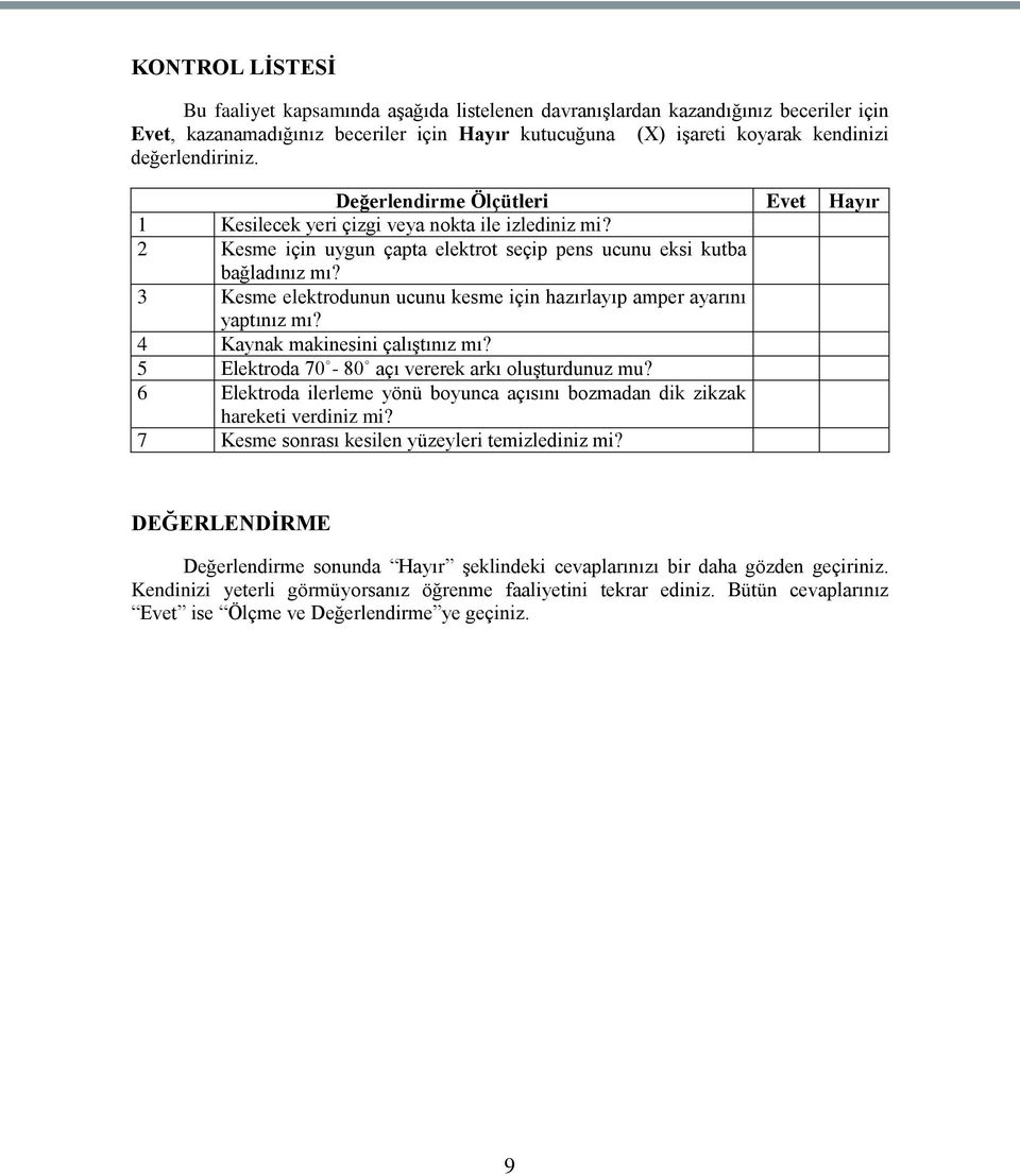 3 Kesme elektrodunun ucunu kesme için hazırlayıp amper ayarını yaptınız mı? 4 Kaynak makinesini çalıģtınız mı? 5 Elektroda 70-80 açı vererek arkı oluģturdunuz mu?