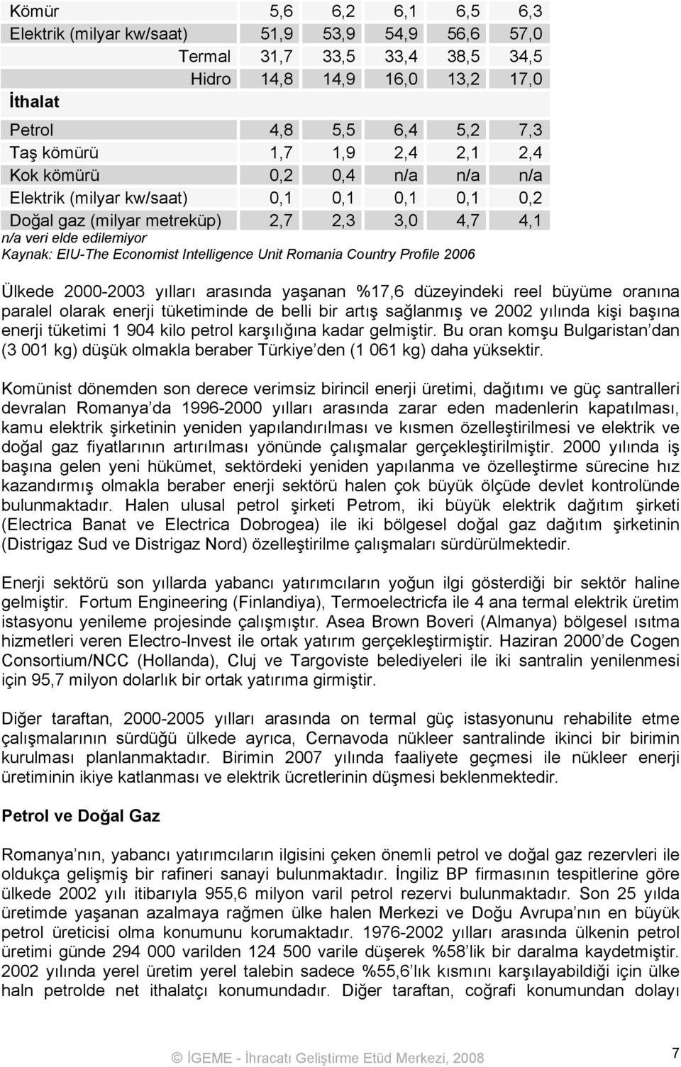 Unit Romania Country Profile 2006 Ülkede 2000-2003 yılları arasında yaşanan %17,6 düzeyindeki reel büyüme oranına paralel olarak enerji tüketiminde de belli bir artış sağlanmış ve 2002 yılında kişi