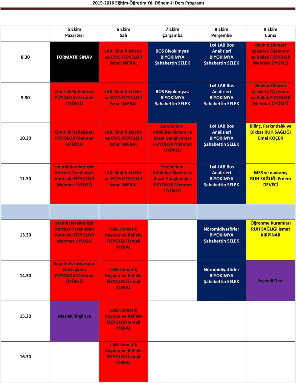 30 Omirilik Refleksleri LAB: Sinir İileti Hızı ve EMG FİZYOLOJİ İsmail BOS Biyokimyası 1x4 LAB Bos Analizleri Beynin Zihinsel İşlevleri, Öğrenme ve Bellek FİZYOLOJİ Mehmet Omirilik Refleksleri LAB: