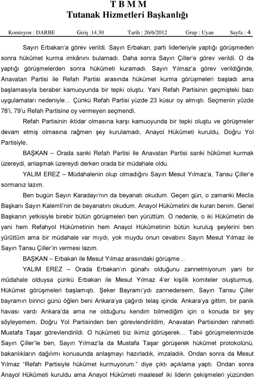 Sayın Yılmaz a görev verildiğinde, Anavatan Partisi ile Refah Partisi arasında hükûmet kurma görüşmeleri başladı ama başlamasıyla beraber kamuoyunda bir tepki oluştu.