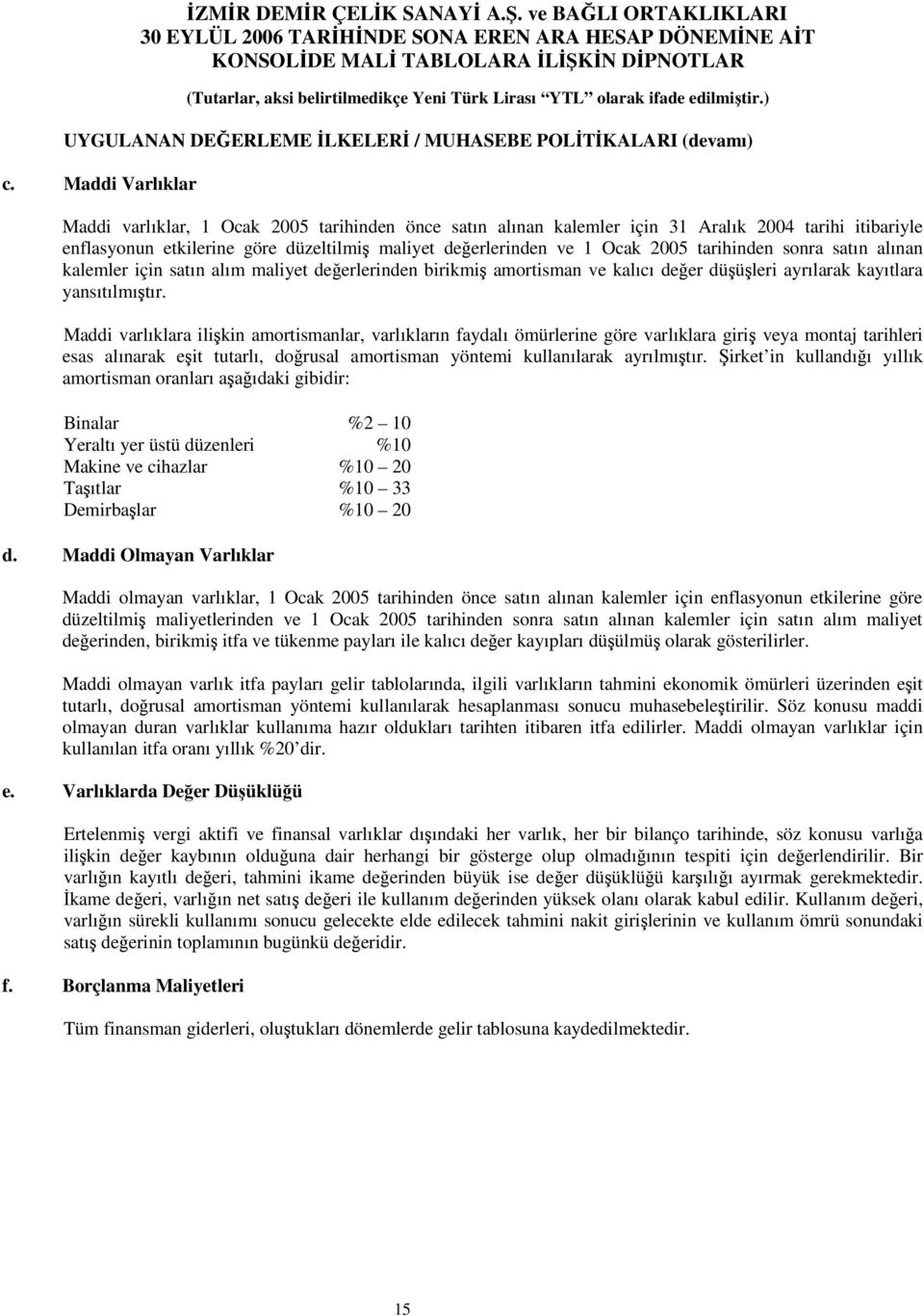 tarihinden sonra satın alınan kalemler için satın alım maliyet deerlerinden birikmi amortisman ve kalıcı deer düüleri ayrılarak kayıtlara yansıtılmıtır.