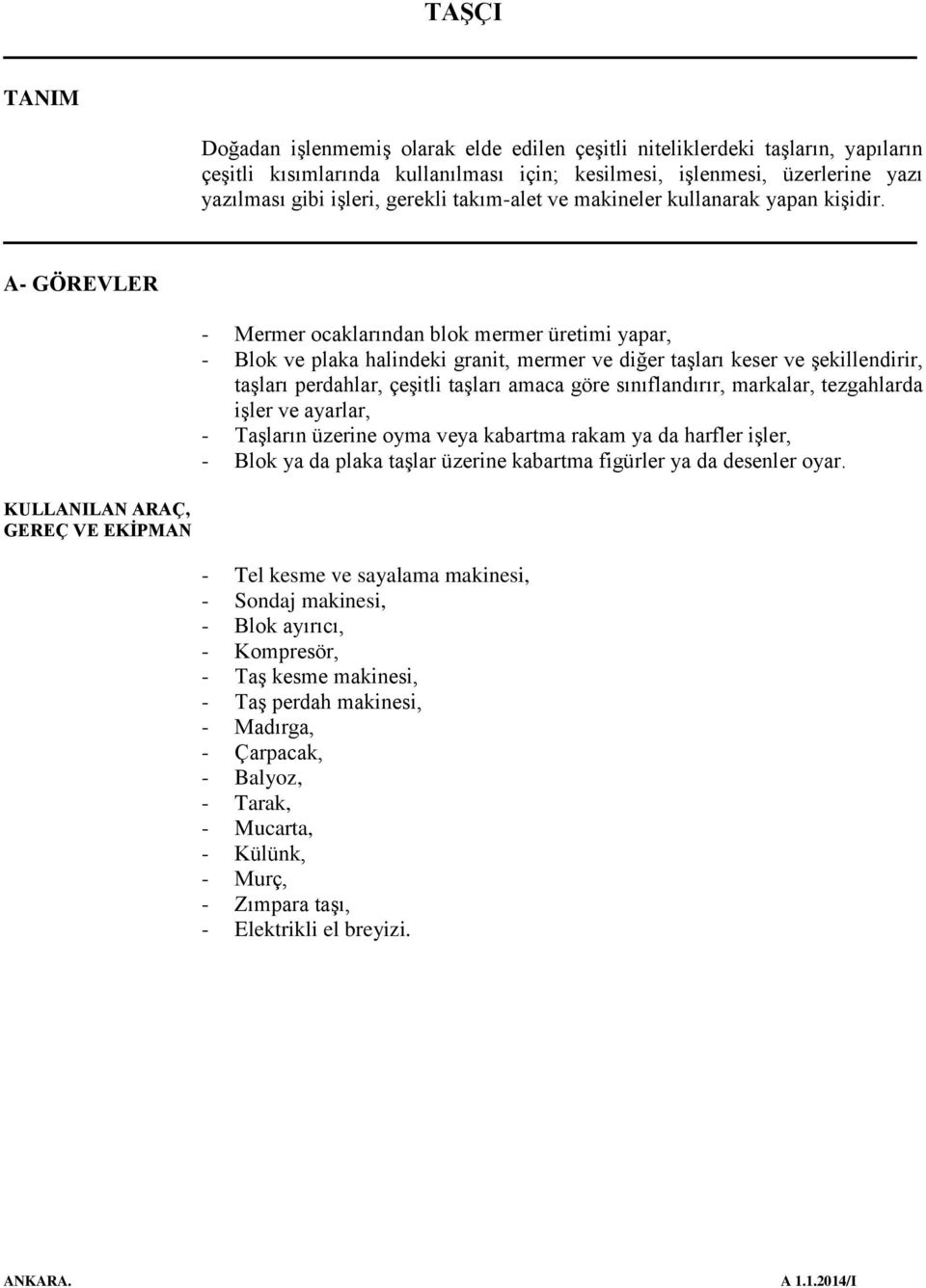 A- GÖREVLER KULLANILAN ARAÇ, GEREÇ VE EKİPMAN - Mermer ocaklarından blok mermer üretimi yapar, - Blok ve plaka halindeki granit, mermer ve diğer taşları keser ve şekillendirir, taşları perdahlar,