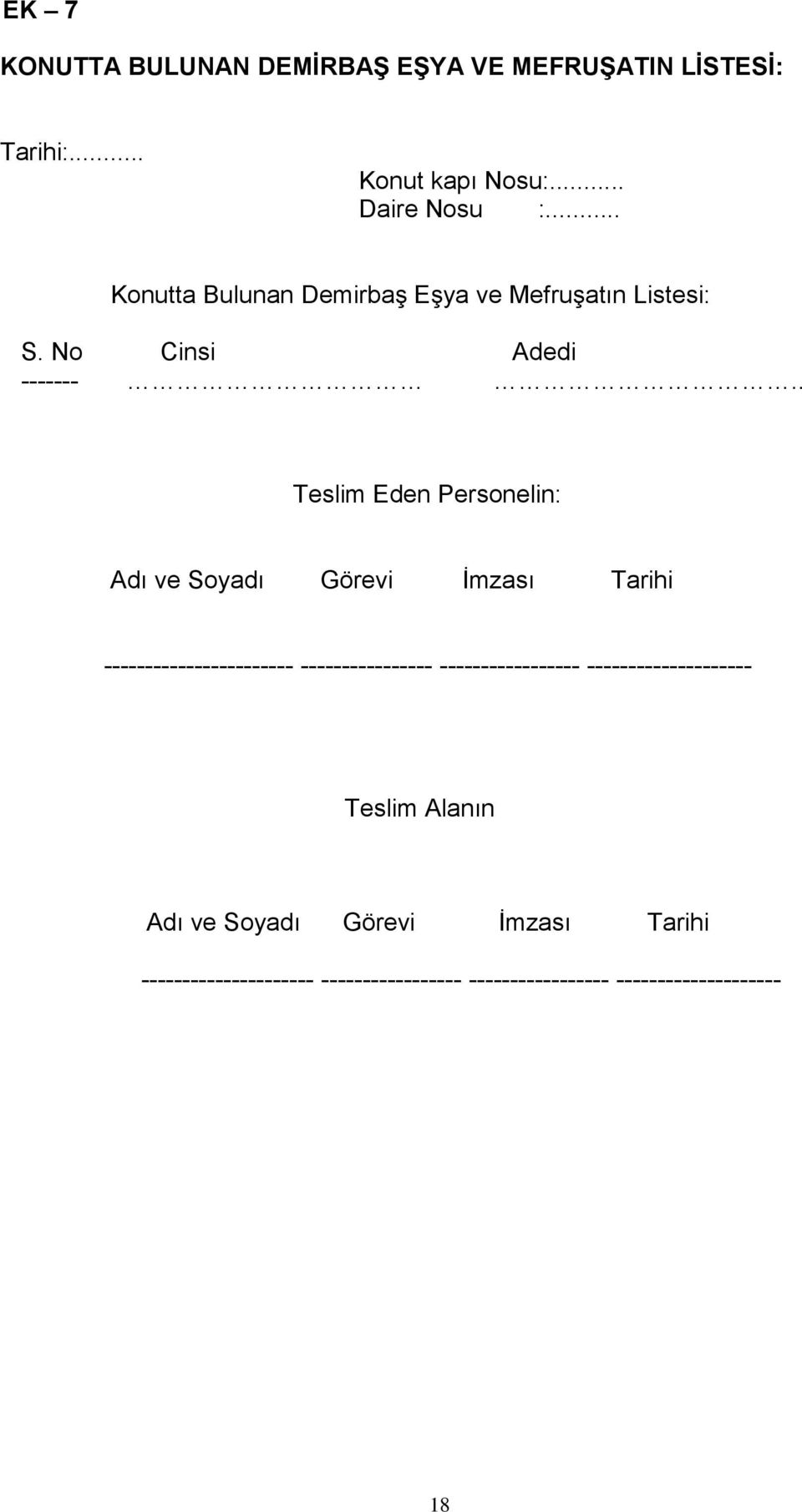 . Teslim Eden Personelin: Adı ve Soyadı Görevi İmzası Tarihi ----------------------- ----------------