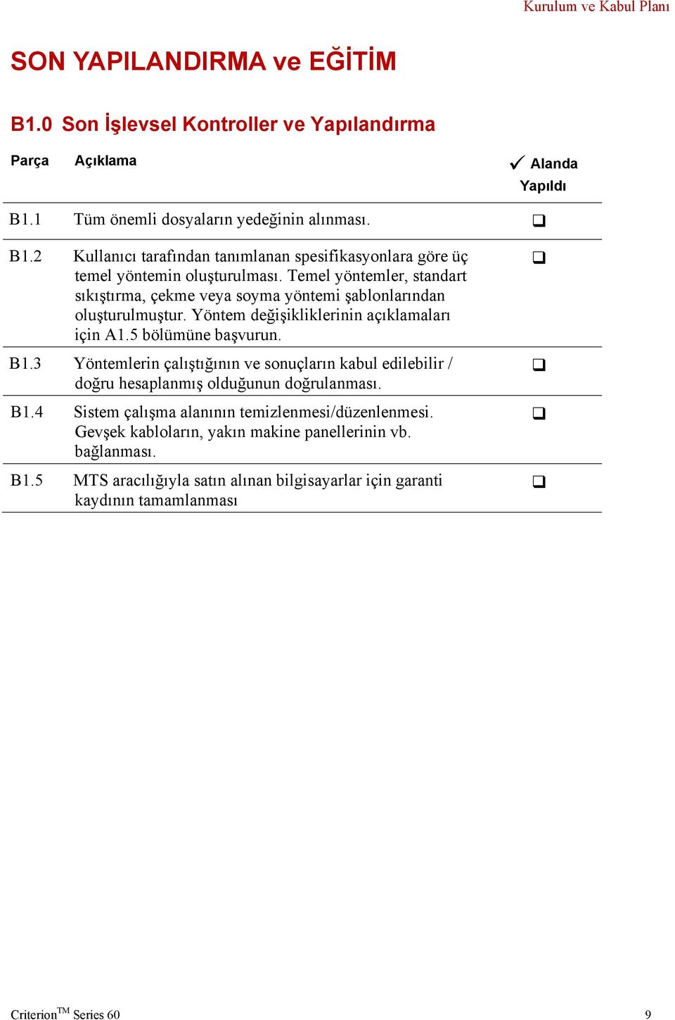 3 Yöntemlerin çalıştığının ve sonuçların kabul edilebilir / doğru hesaplanmış olduğunun doğrulanması. B1.4 Sistem çalışma alanının temizlenmesi/düzenlenmesi.