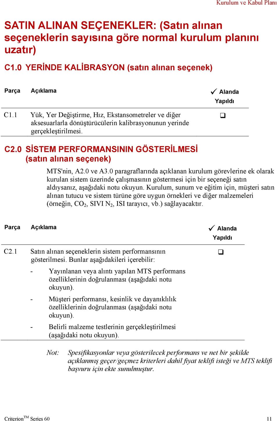 0 SİSTEM PERFORMANSININ GÖSTERİLMESİ (satın alınan seçenek) MTS'nin, A2.0 ve A3.