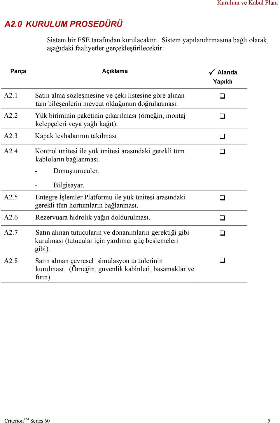 4 Kontrol ünitesi ile yük ünitesi arasındaki gerekli tüm kabloların bağlanması. - Dönüştürücüler. - Bilgisayar. A2.