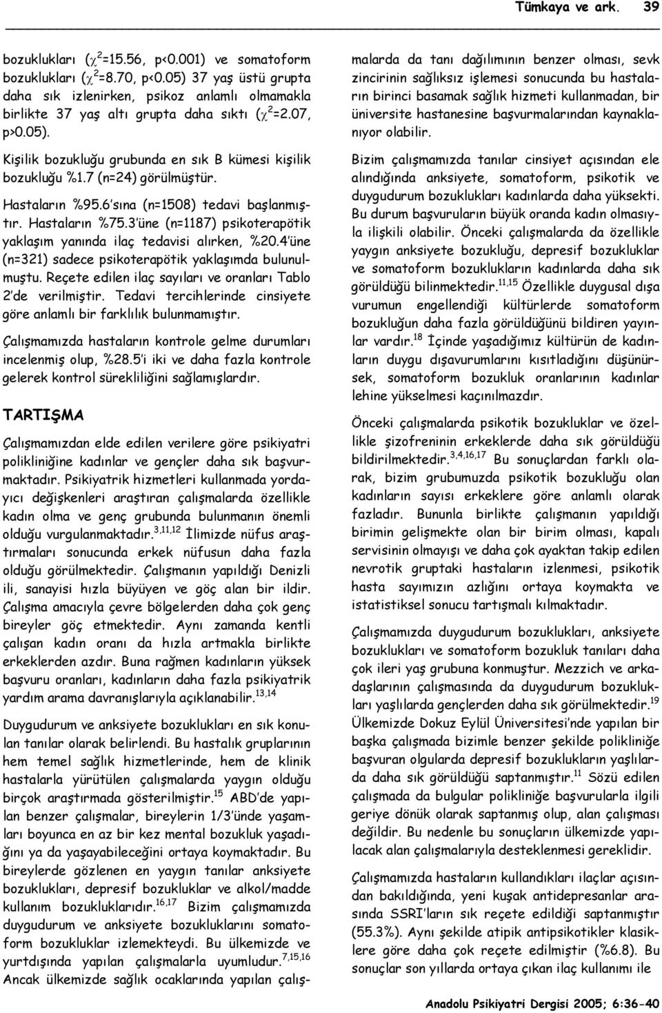 7 (n=24) görülmüştür. Hastaların %95.6 sına (n=1508) tedavi başlanmıştır. Hastaların %75.3 üne (n=1187) psikoterapötik yaklaşım yanında ilaç tedavisi alırken, %20.